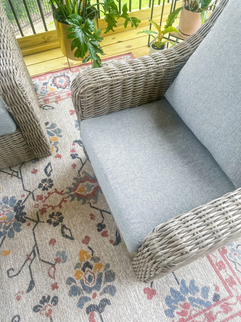 outdoor furniture set with gray cushions and light gray wicker